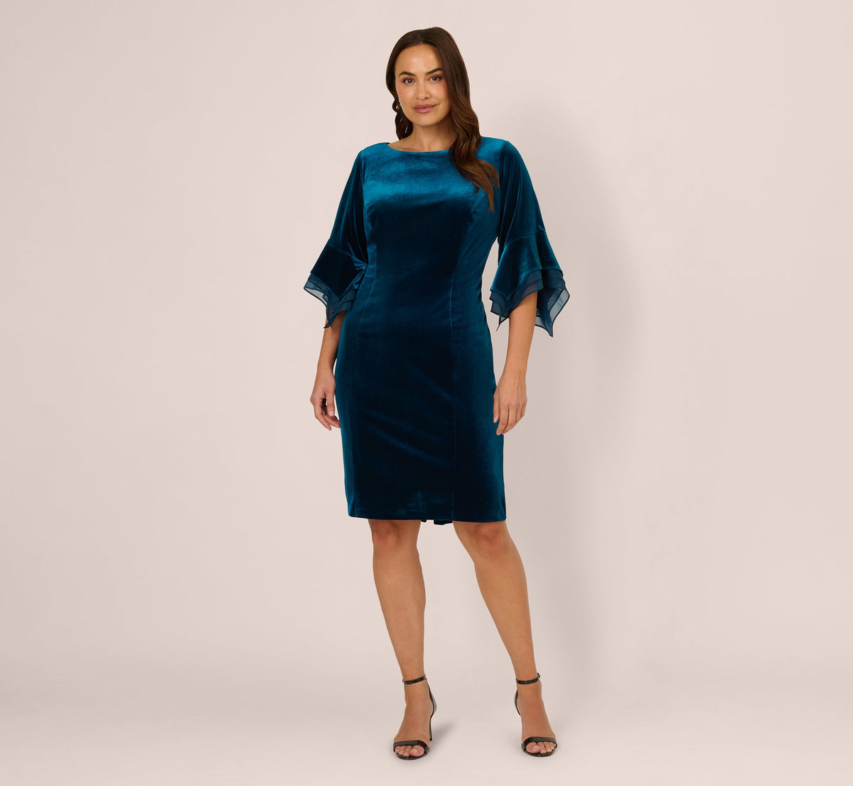Plus Size Velvet Sheath Dress With Tiered Three Quarter Sleeves - Dark Teal | Adrianna Papell