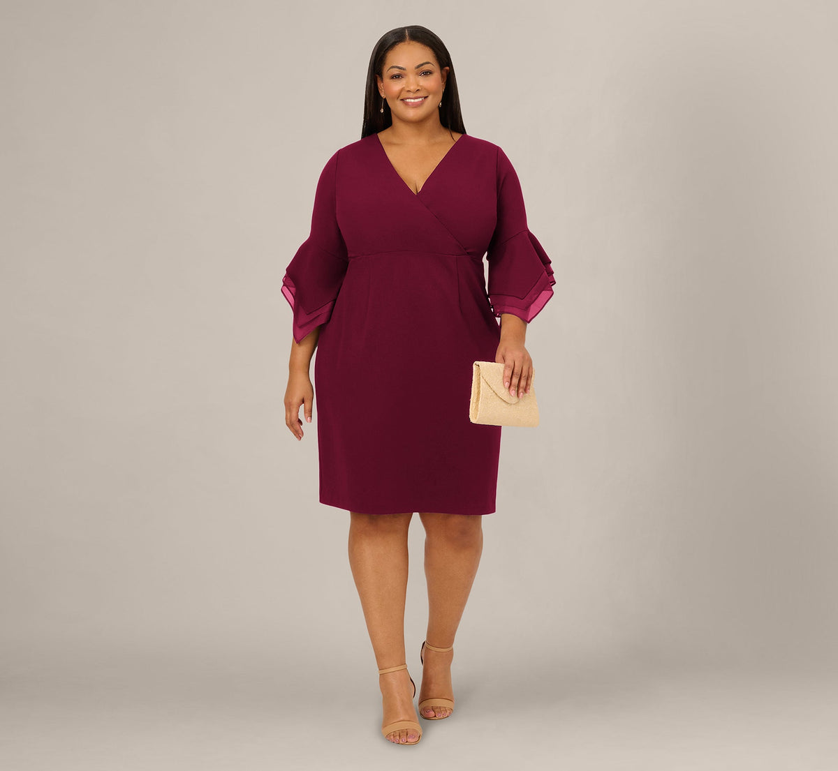 Plus Size Three Quarter Bell Sleeve Sheath Midi Dress - Cabernet | Adrianna Papell