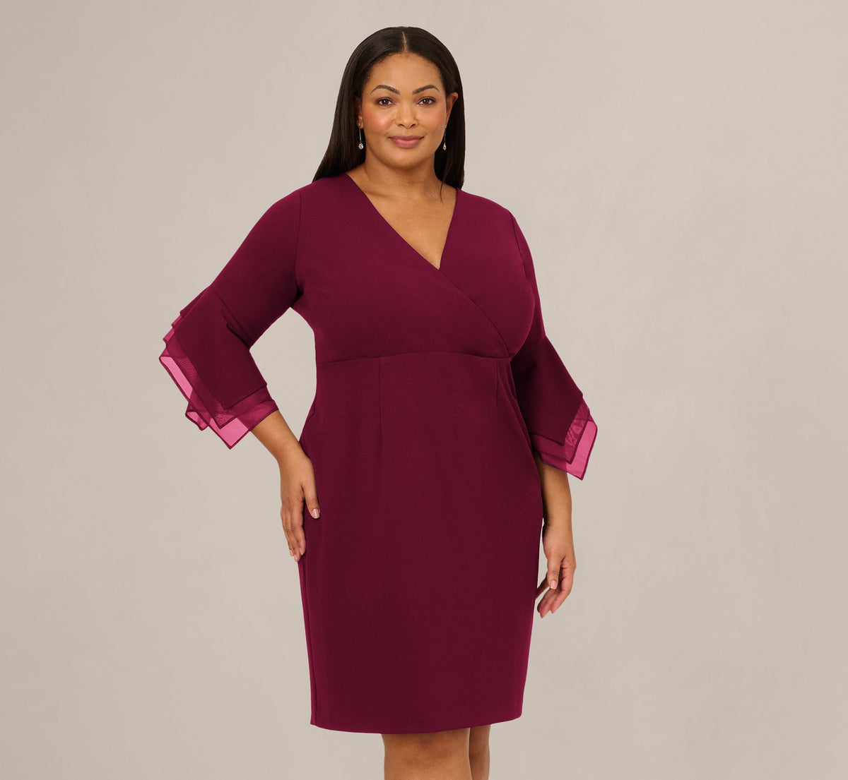 Plus Size Three Quarter Bell Sleeve Sheath Midi Dress - Cabernet | Adrianna Papell