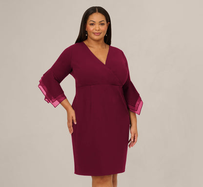 Plus Size Three Quarter Bell Sleeve Sheath Midi Dress - Cabernet | Adrianna Papell