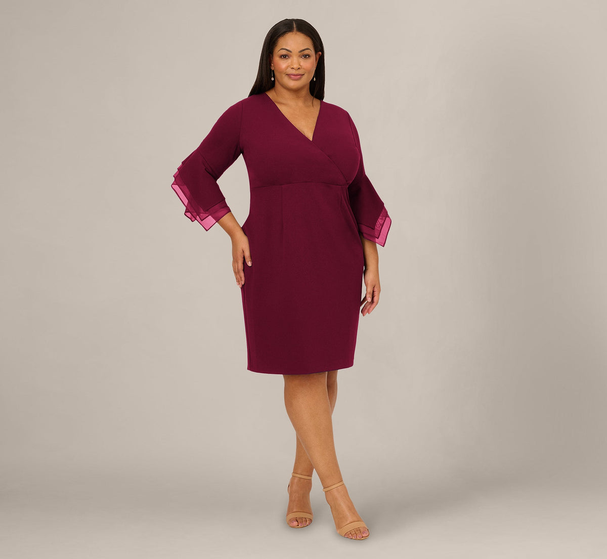 Plus Size Three Quarter Bell Sleeve Sheath Midi Dress - Cabernet | Adrianna Papell