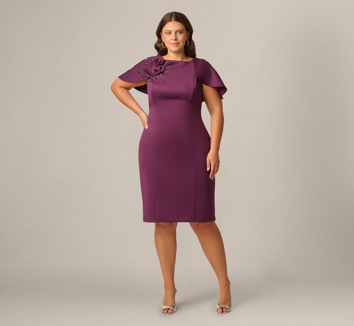 Plus Size Cape Sleeve 3D Floral Stretch Sheath Dress - Pinot Noir | Adrianna Papell