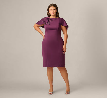 Plus Size Cape Sleeve 3D Floral Stretch Sheath Dress - Pinot Noir | Adrianna Papell
