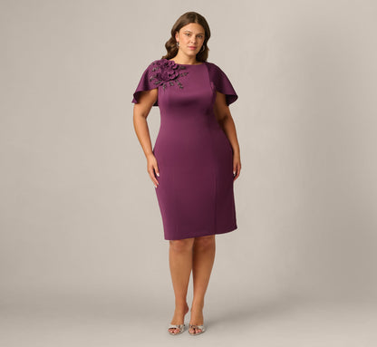 Plus Size Cape Sleeve 3D Floral Stretch Sheath Dress - Pinot Noir | Adrianna Papell