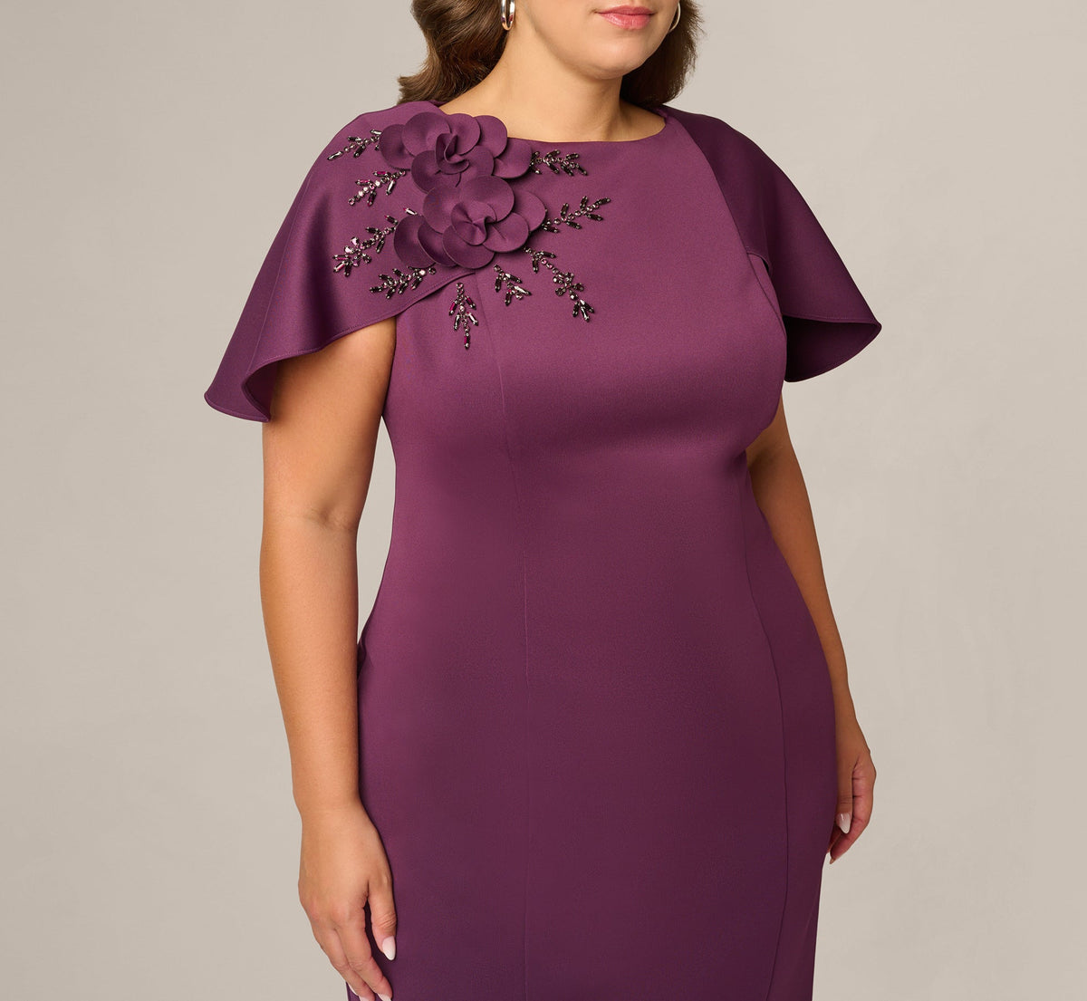 Plus Size Cape Sleeve 3D Floral Stretch Sheath Dress - Pinot Noir | Adrianna Papell