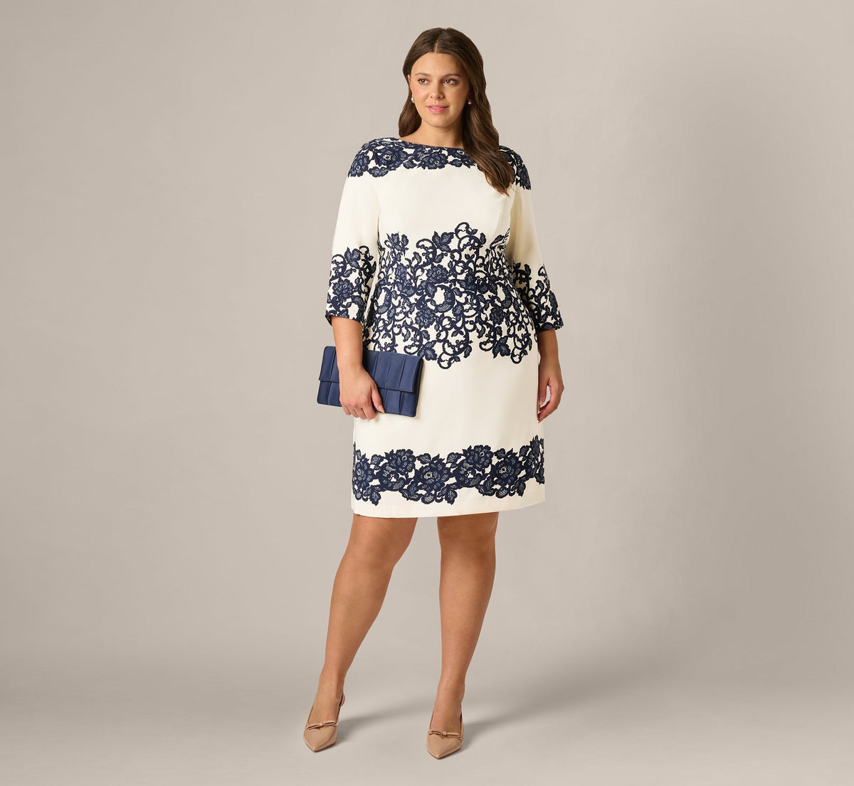 Plus Size Scroll Lace Midi Dress With Three Quarter Sleeves - Ivory Navy | Adrianna Papell