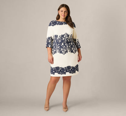 Plus Size Scroll Lace Midi Dress With Three Quarter Sleeves - Ivory Navy | Adrianna Papell