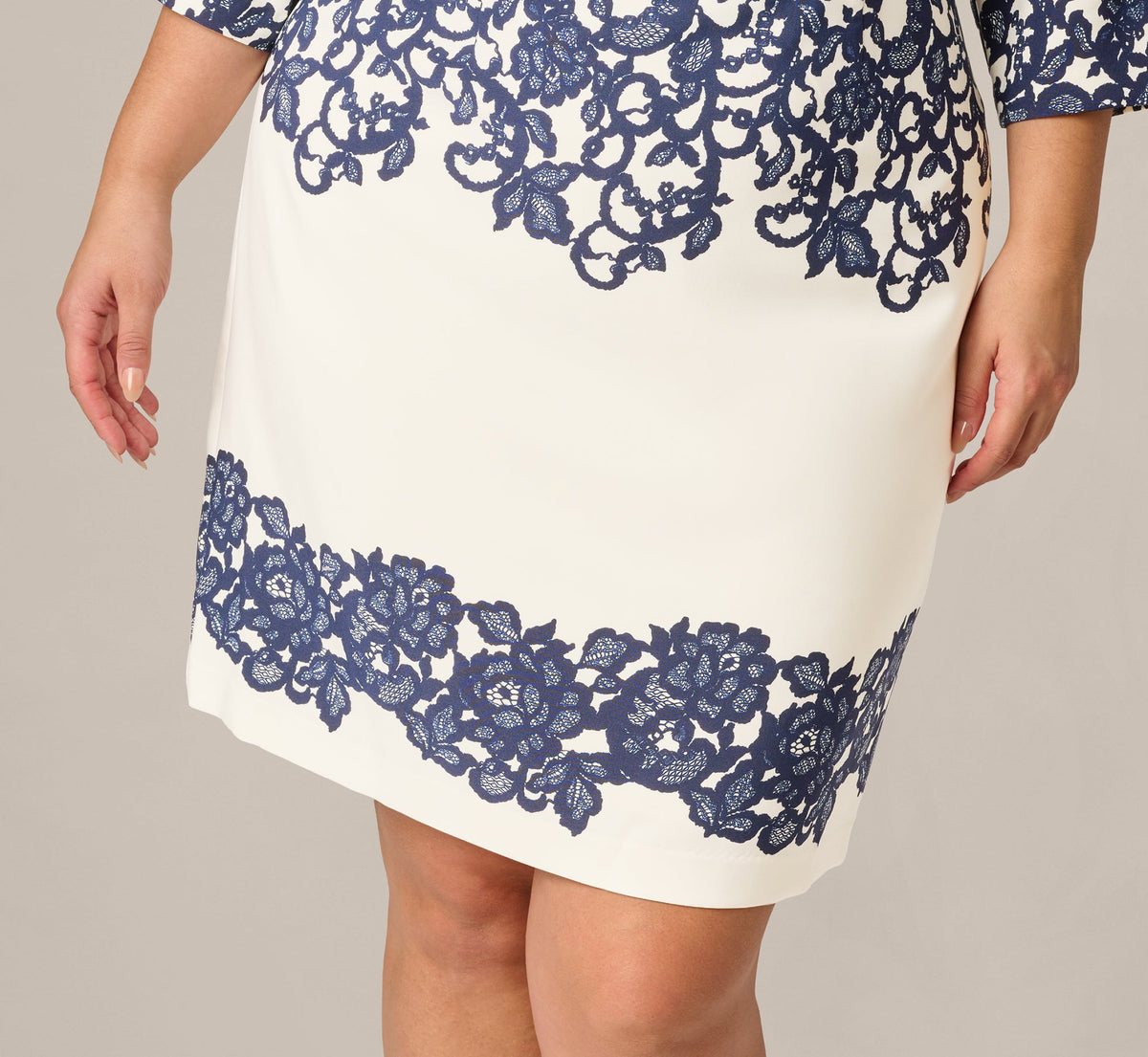 Plus Size Scroll Lace Midi Dress With Three Quarter Sleeves - Ivory Navy | Adrianna Papell