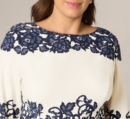 Plus Size Scroll Lace Midi Dress With Three Quarter Sleeves - Ivory Navy | Adrianna Papell