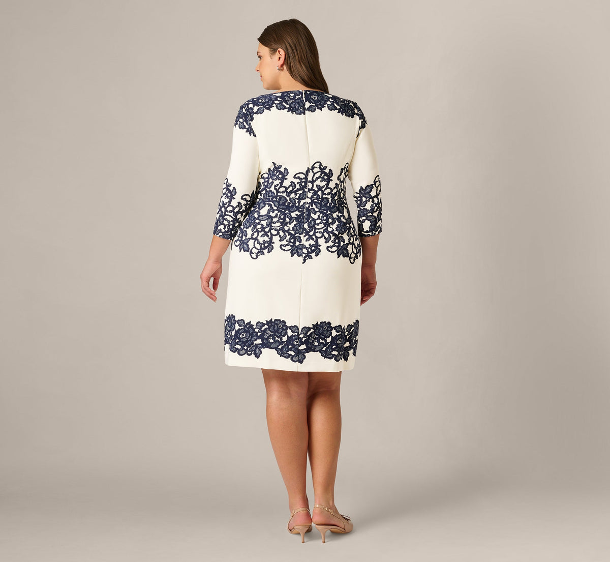 Plus Size Scroll Lace Midi Dress With Three Quarter Sleeves - Ivory Navy | Adrianna Papell