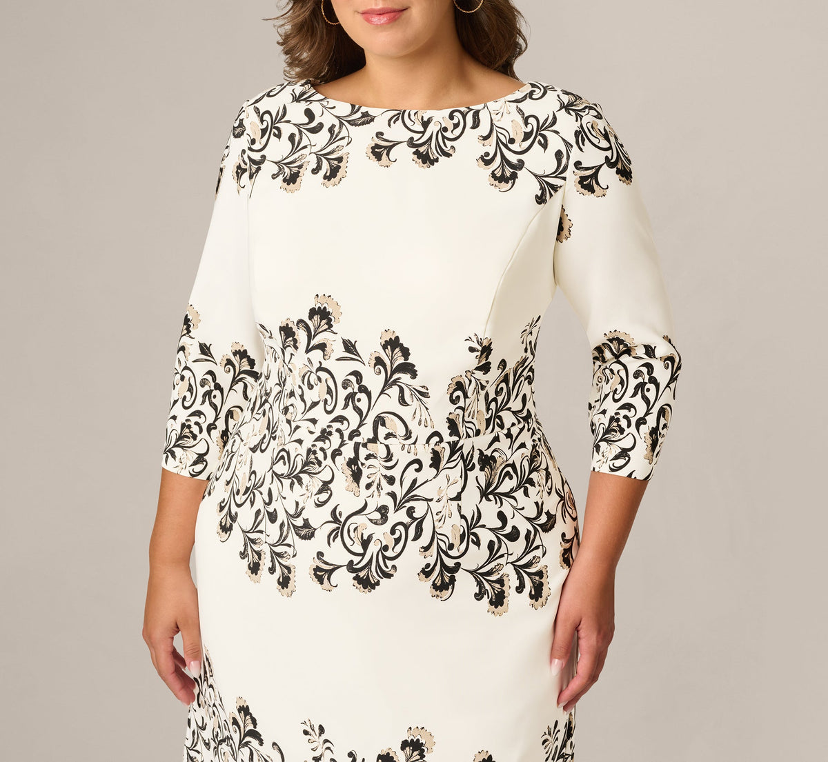 Plus Size Three Quarter Sleeve Baroque Lace Print Stretch Sheath Dress - Ivory Multi | Adrianna Papell