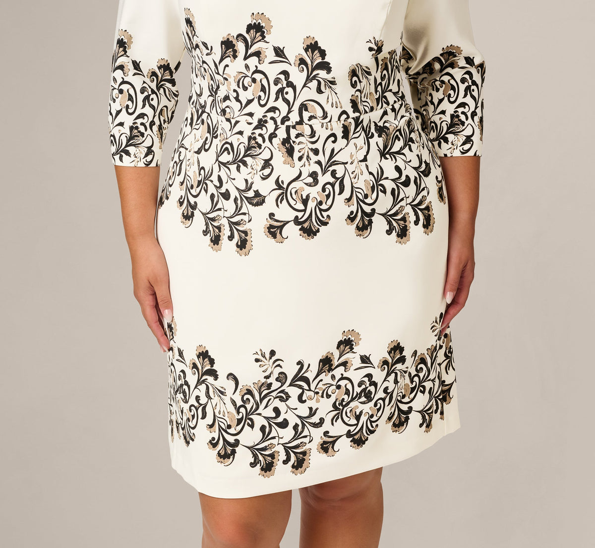 Plus Size Three Quarter Sleeve Baroque Lace Print Stretch Sheath Dress - Ivory Multi | Adrianna Papell