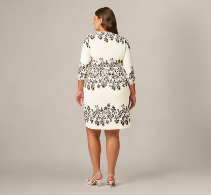 Plus Size Three Quarter Sleeve Baroque Lace Print Stretch Sheath Dress - Ivory Multi | Adrianna Papell