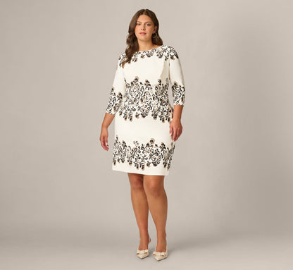 Plus Size Three Quarter Sleeve Baroque Lace Print Stretch Sheath Dress - Ivory Multi | Adrianna Papell