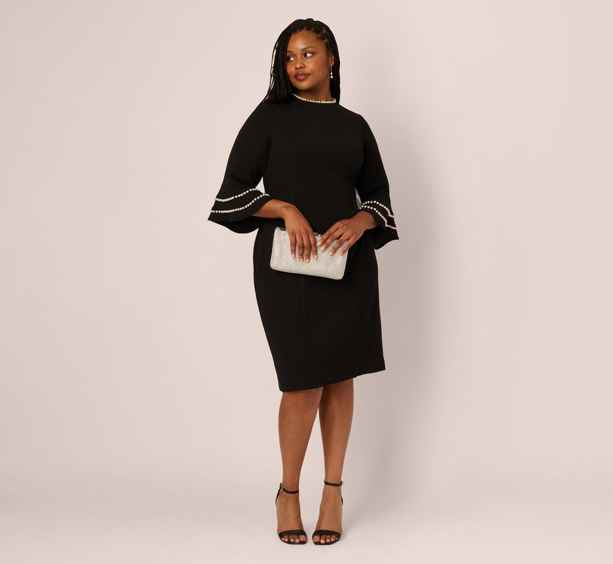 Plus Size Three Quarter Bell Sleeve Pearly Trim Sheath Dress - Black Ivory | Adrianna Papell