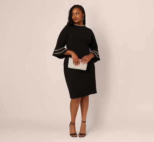 Plus Size Three Quarter Bell Sleeve Pearly Trim Sheath Dress - Black Ivory | Adrianna Papell