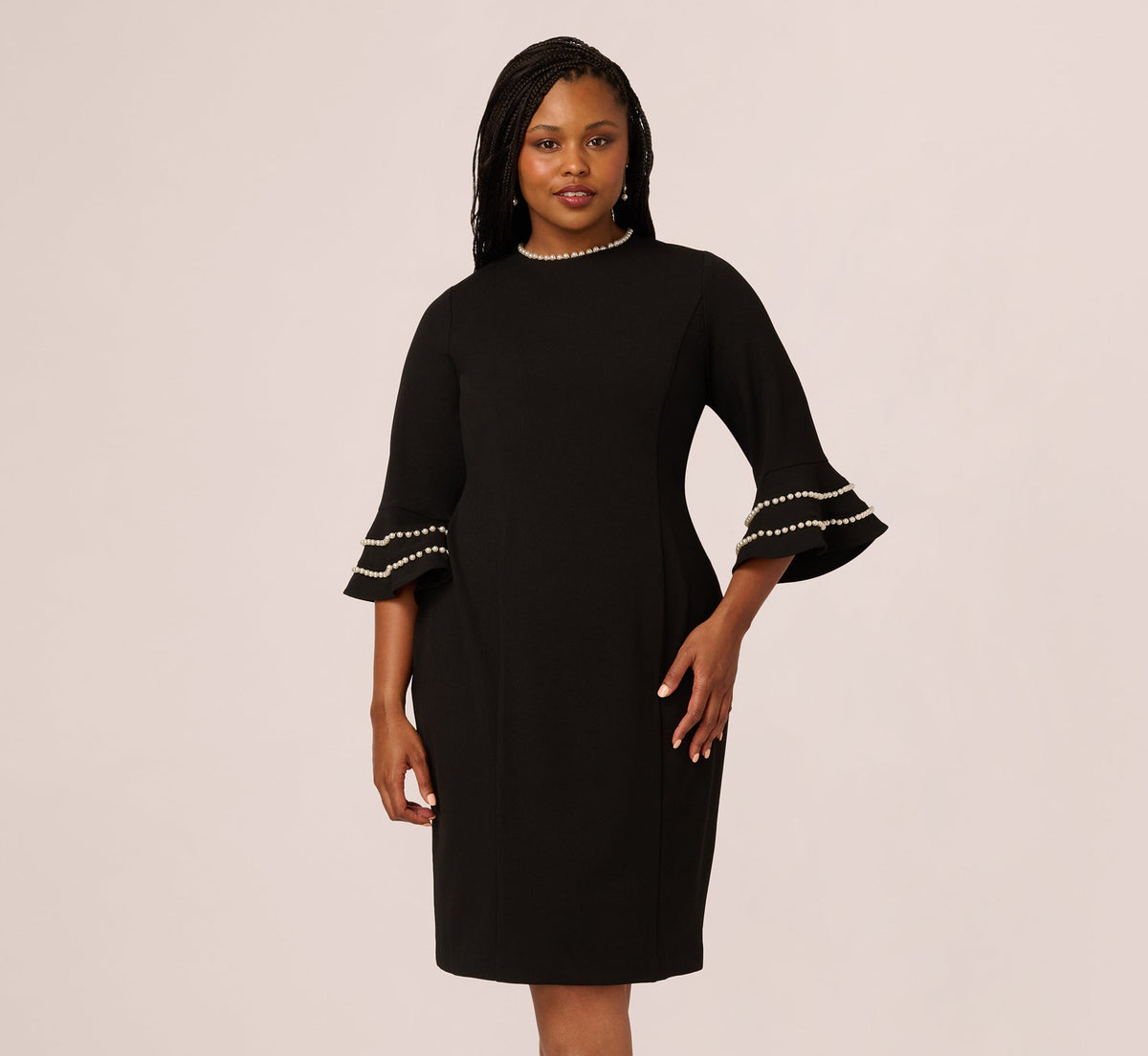 Plus Size Three Quarter Bell Sleeve Pearly Trim Sheath Dress - Black Ivory | Adrianna Papell