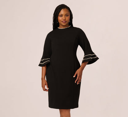Plus Size Three Quarter Bell Sleeve Pearly Trim Sheath Dress - Black Ivory | Adrianna Papell