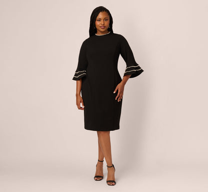 Plus Size Three Quarter Bell Sleeve Pearly Trim Sheath Dress - Black Ivory | Adrianna Papell