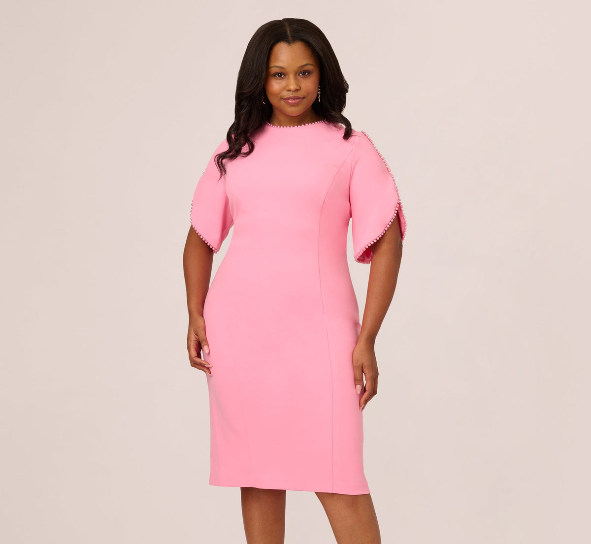 Plus Size Crepe Midi Length Sheath Dress With Pearly Trim - Cherry Blossom | Adrianna Papell