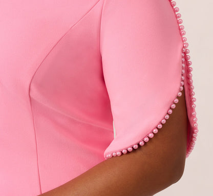 Plus Size Crepe Midi Length Sheath Dress With Pearly Trim - Cherry Blossom | Adrianna Papell