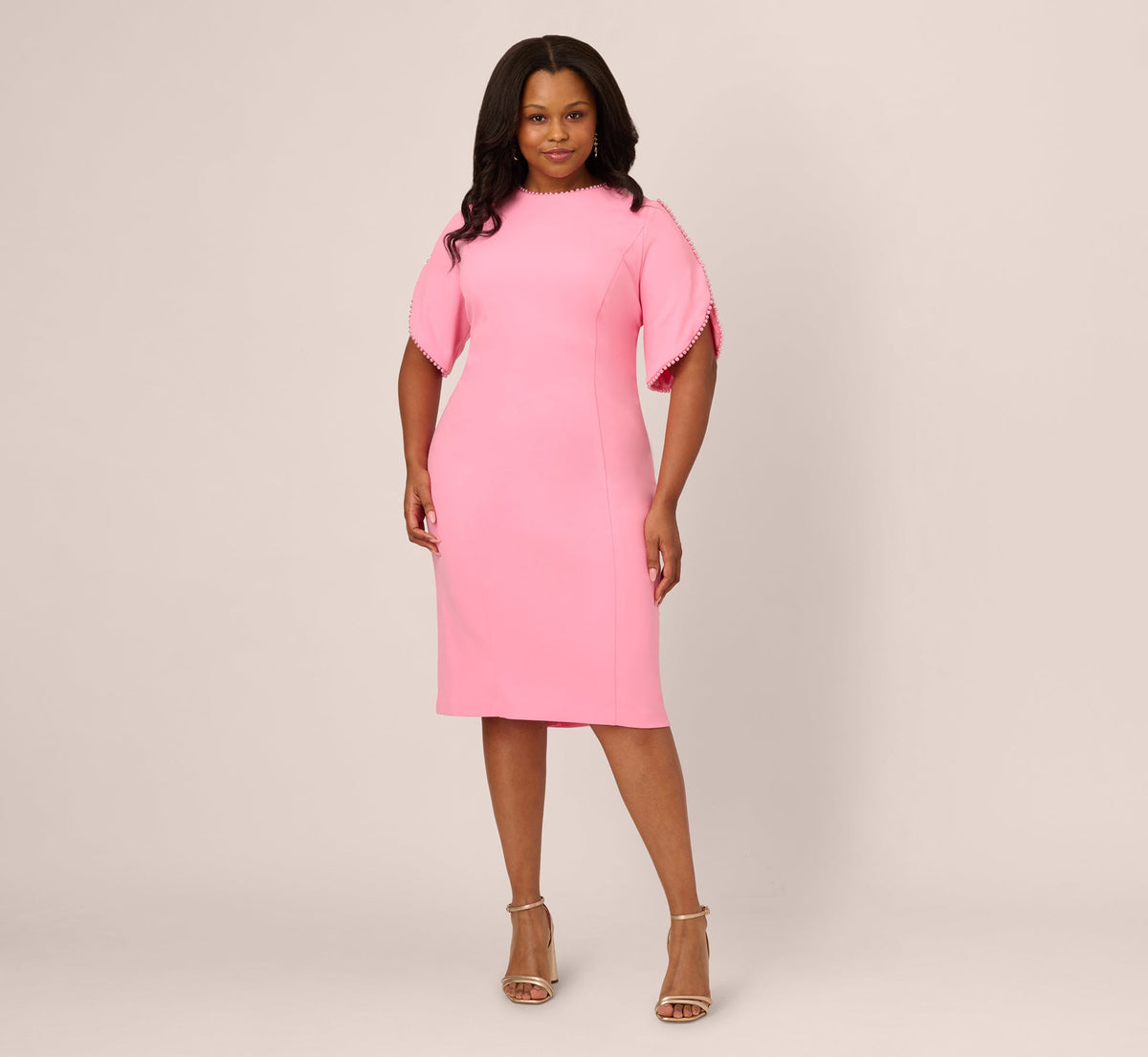 Plus Size Crepe Midi Length Sheath Dress With Pearly Trim - Cherry Blossom | Adrianna Papell