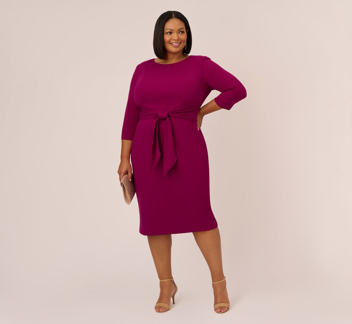 Plus Size Knit Crepe Bow Sheath Dress With Three Quarter Sleeves - Wildberry | Adrianna Papell
