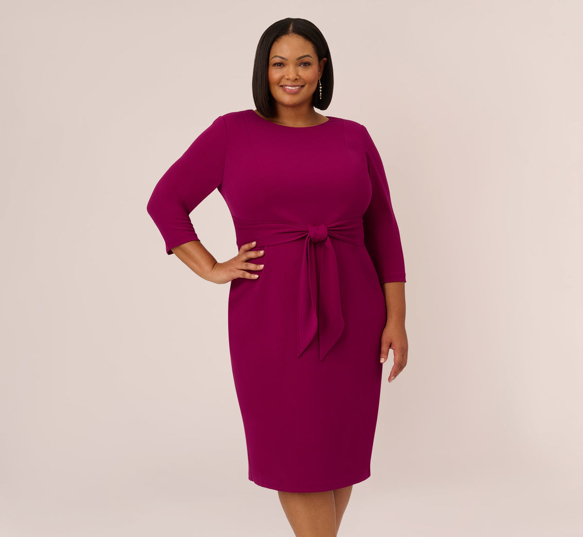 Plus Size Knit Crepe Bow Sheath Dress With Three Quarter Sleeves - Wildberry | Adrianna Papell