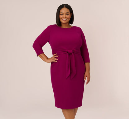 Plus Size Knit Crepe Bow Sheath Dress With Three Quarter Sleeves - Wildberry | Adrianna Papell