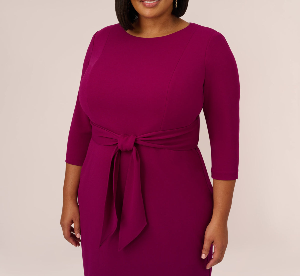 Plus Size Knit Crepe Bow Sheath Dress With Three Quarter Sleeves - Wildberry | Adrianna Papell