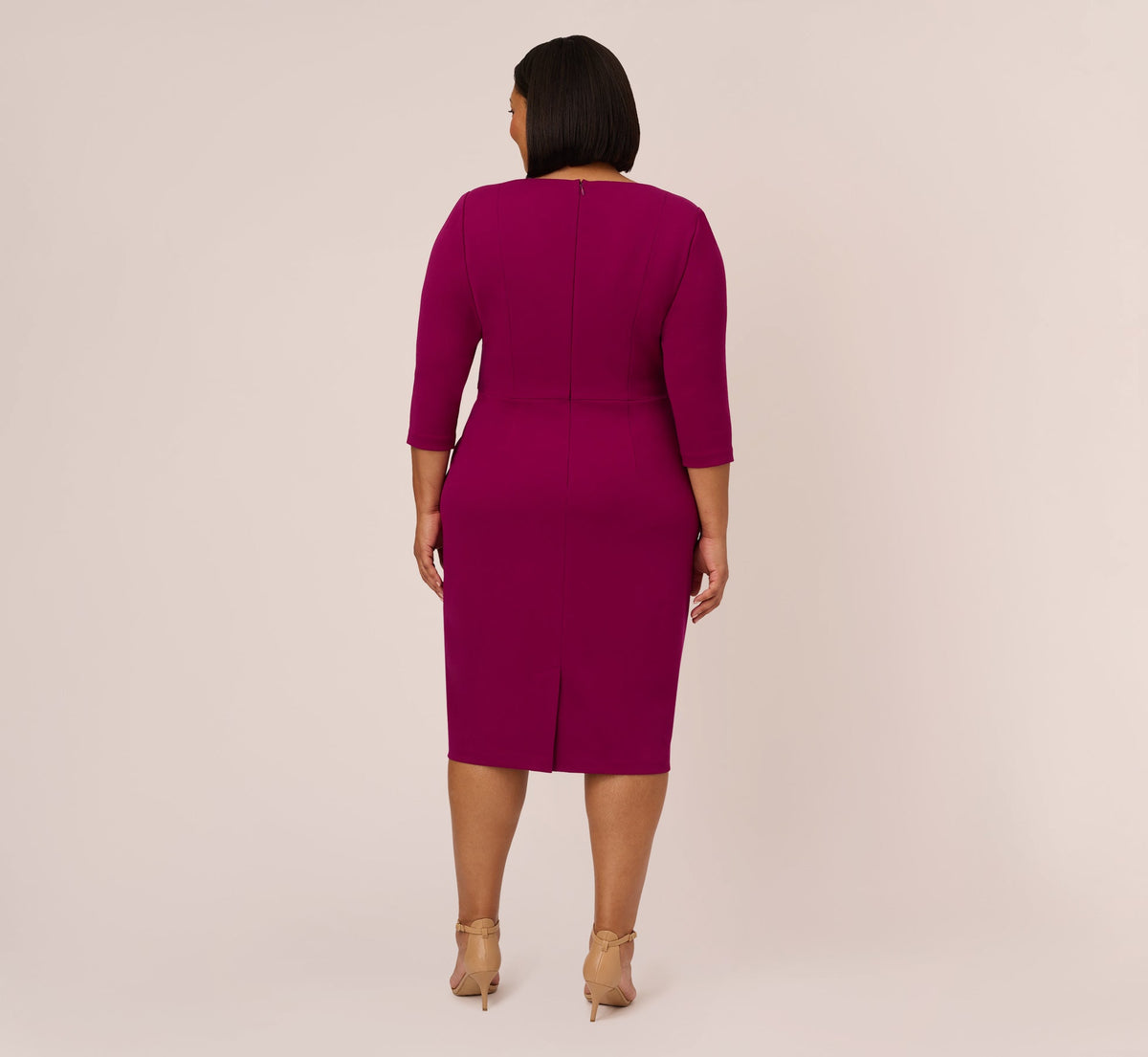 Plus Size Knit Crepe Bow Sheath Dress With Three Quarter Sleeves - Wildberry | Adrianna Papell