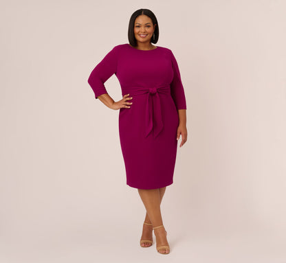 Plus Size Knit Crepe Bow Sheath Dress With Three Quarter Sleeves - Wildberry | Adrianna Papell