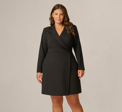 Plus Size Long Sleeve Beaded Short Blazer Wrap Dress - Black | Adrianna Papell