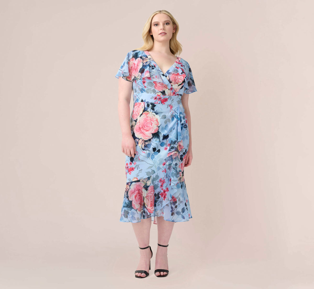 Plus Size Floral Faux Wrap Dress - Blue Multi | Adrianna Papell