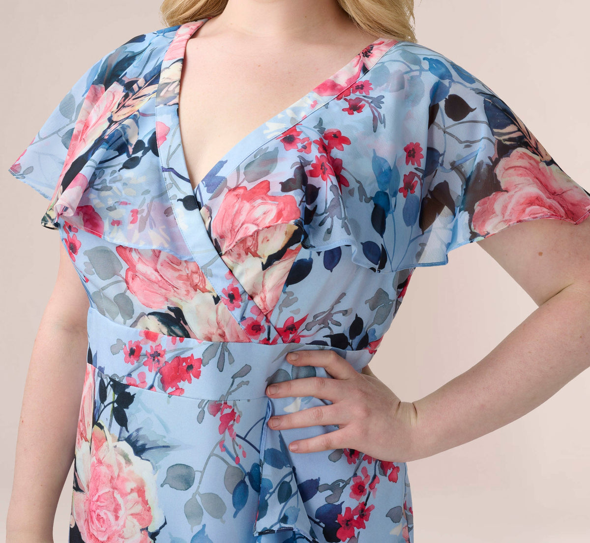 Plus Size Floral Faux Wrap Dress - Blue Multi | Adrianna Papell