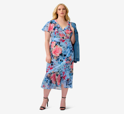 Plus Size Floral Faux Wrap Dress - Blue Multi | Adrianna Papell