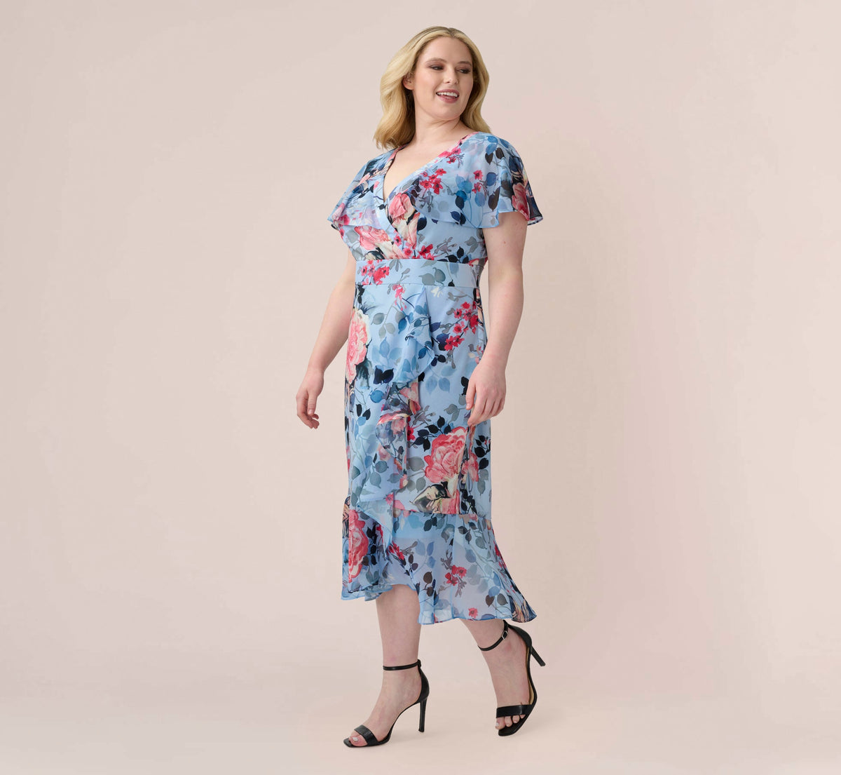 Plus Size Floral Faux Wrap Dress - Blue Multi | Adrianna Papell