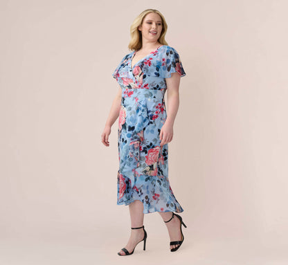 Plus Size Floral Faux Wrap Dress - Blue Multi | Adrianna Papell