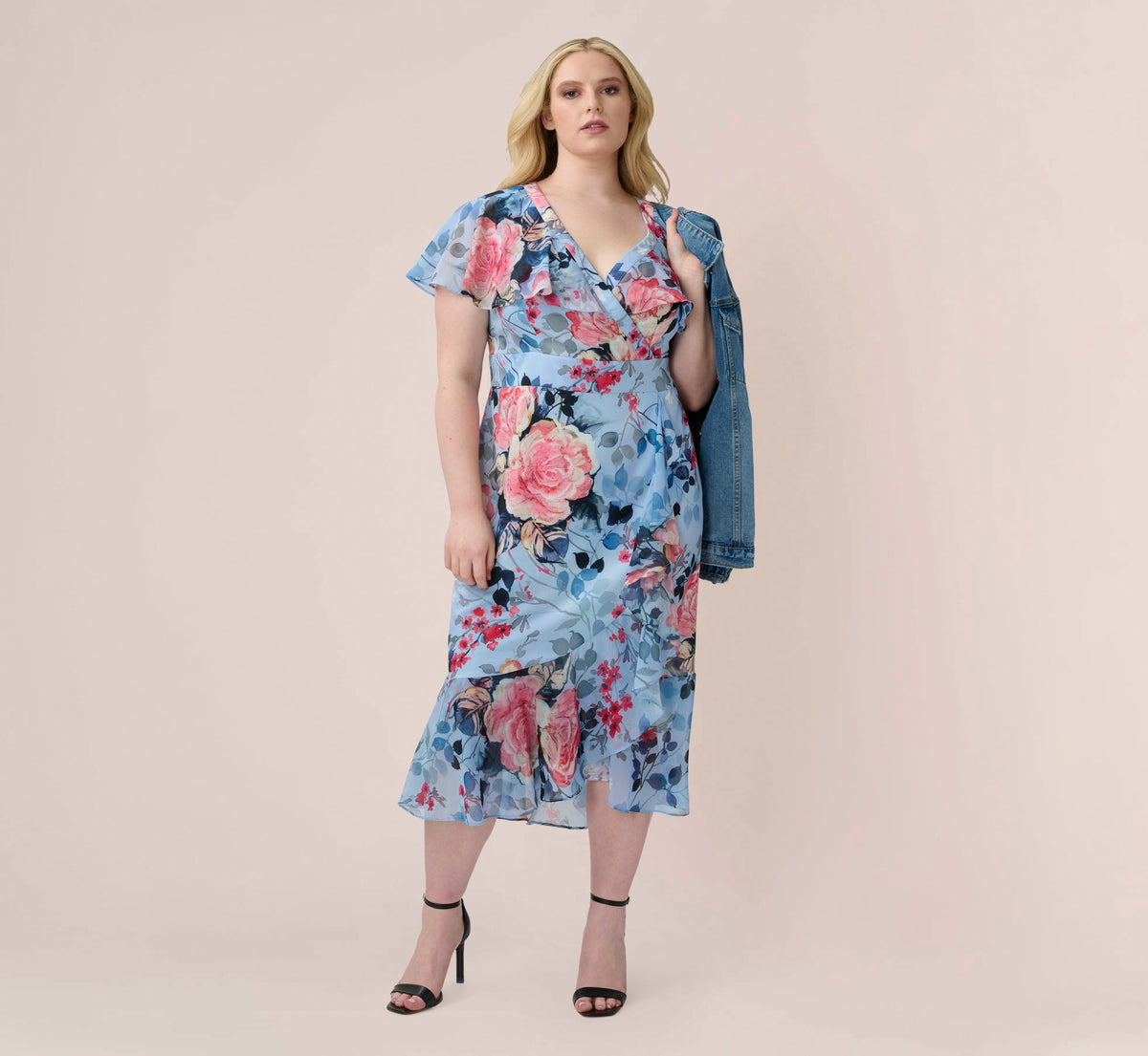 Plus Size Floral Faux Wrap Dress - Blue Multi | Adrianna Papell