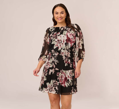 Plus Size Floral Chiffon Dress With Three Quarter Length Sleeves - Black Multi | Adrianna Papell