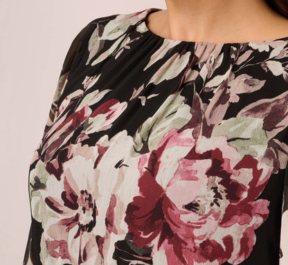 Plus Size Floral Chiffon Dress With Three Quarter Length Sleeves - Black Multi | Adrianna Papell
