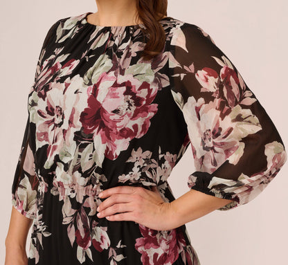 Plus Size Floral Chiffon Dress With Three Quarter Length Sleeves - Black Multi | Adrianna Papell