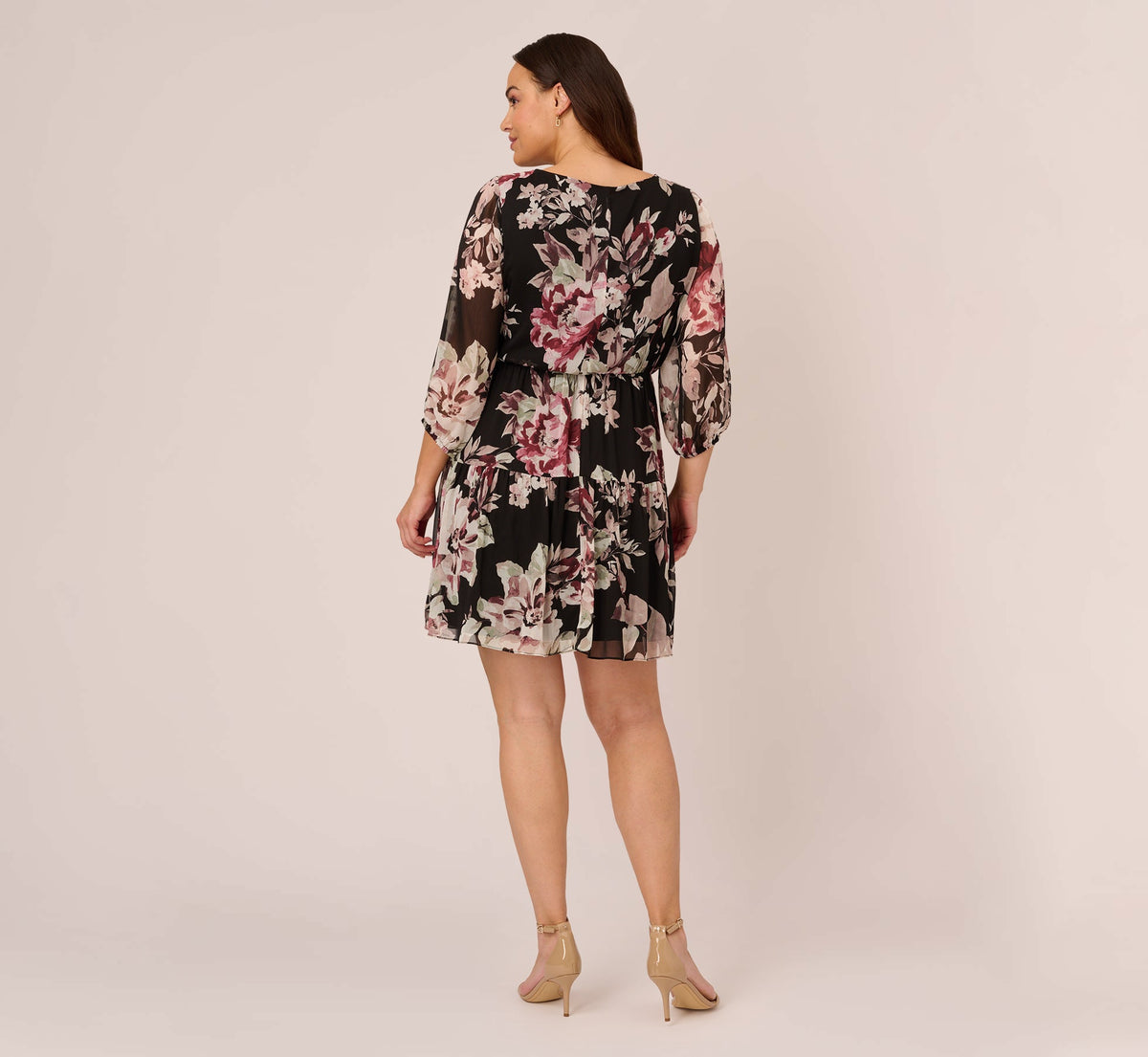 Plus Size Floral Chiffon Dress With Three Quarter Length Sleeves - Black Multi | Adrianna Papell