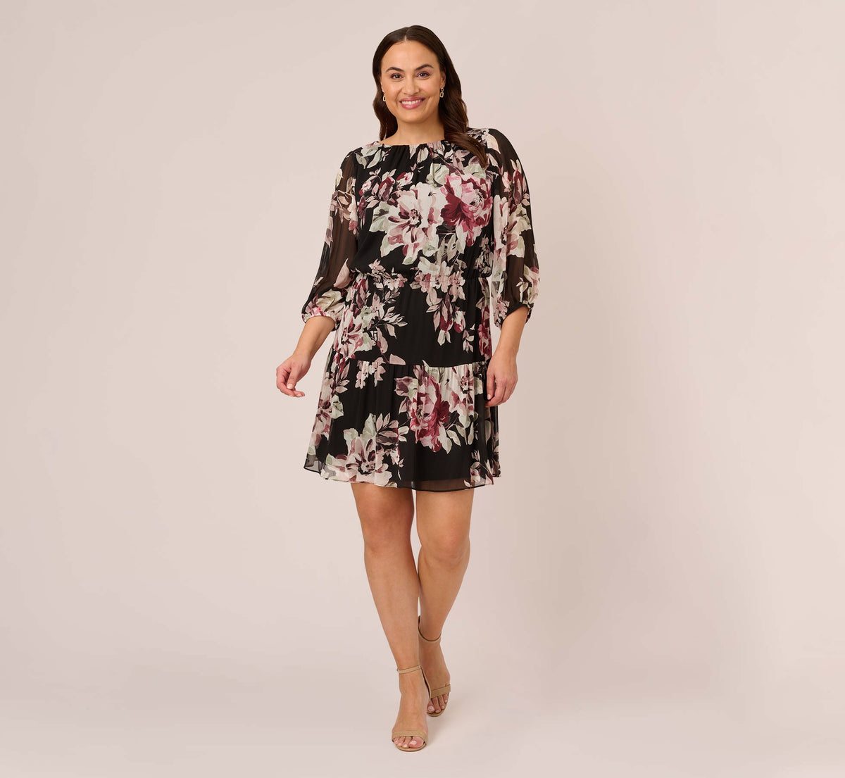 Plus Size Floral Chiffon Dress With Three Quarter Length Sleeves - Black Multi | Adrianna Papell