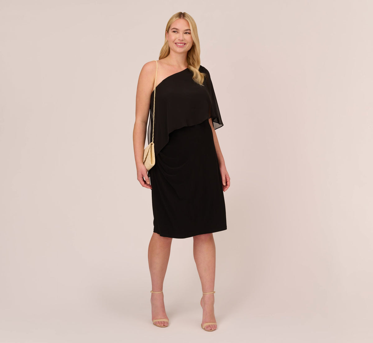 Plus Size One Shoulder Dress With Chiffon Cape - Black | Adrianna Papell