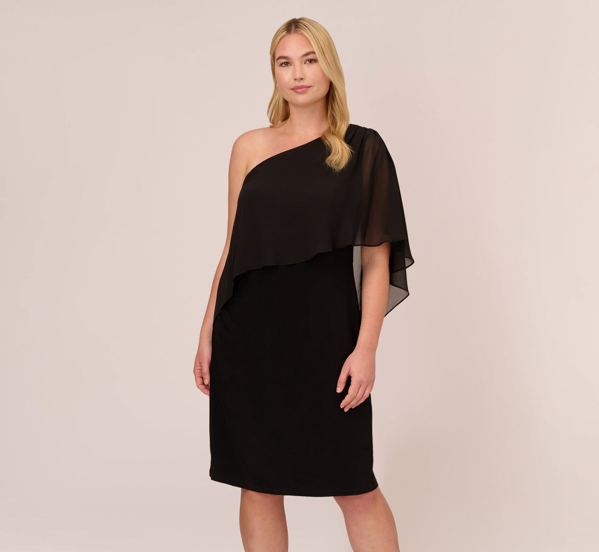 Plus Size One Shoulder Dress With Chiffon Cape - Black | Adrianna Papell