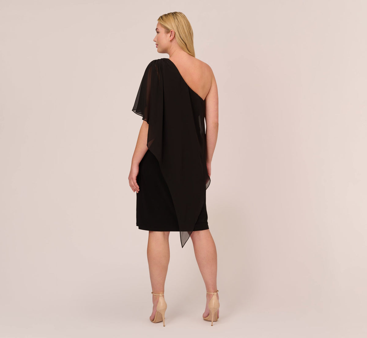 Plus Size One Shoulder Dress With Chiffon Cape - Black | Adrianna Papell
