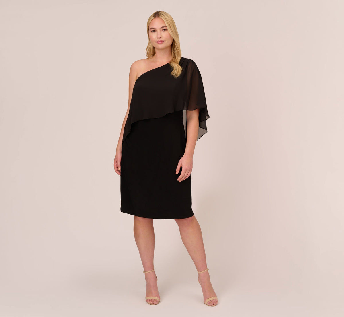 Plus Size One Shoulder Dress With Chiffon Cape - Black | Adrianna Papell