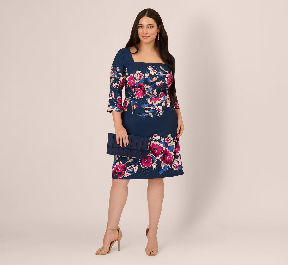Plus Size Three Quarter Sleeve Floral Sheath Dress - Navy Pink Multi | Adrianna Papell