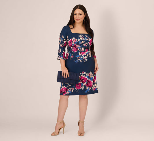 Plus Size Three Quarter Sleeve Floral Sheath Dress - Navy Pink Multi | Adrianna Papell